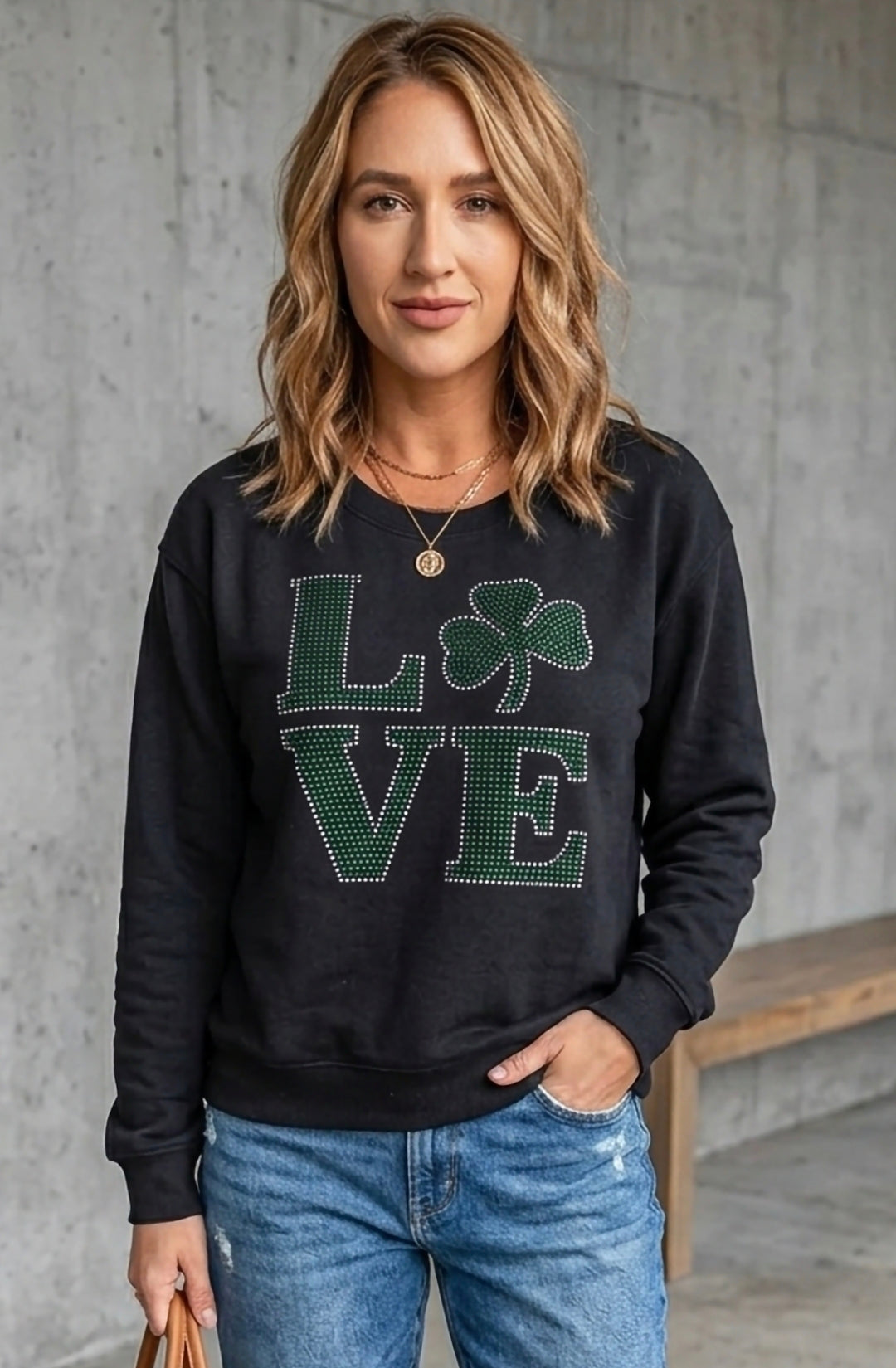 LOVE Rhinestone Clover Round Neck Sweatshirt