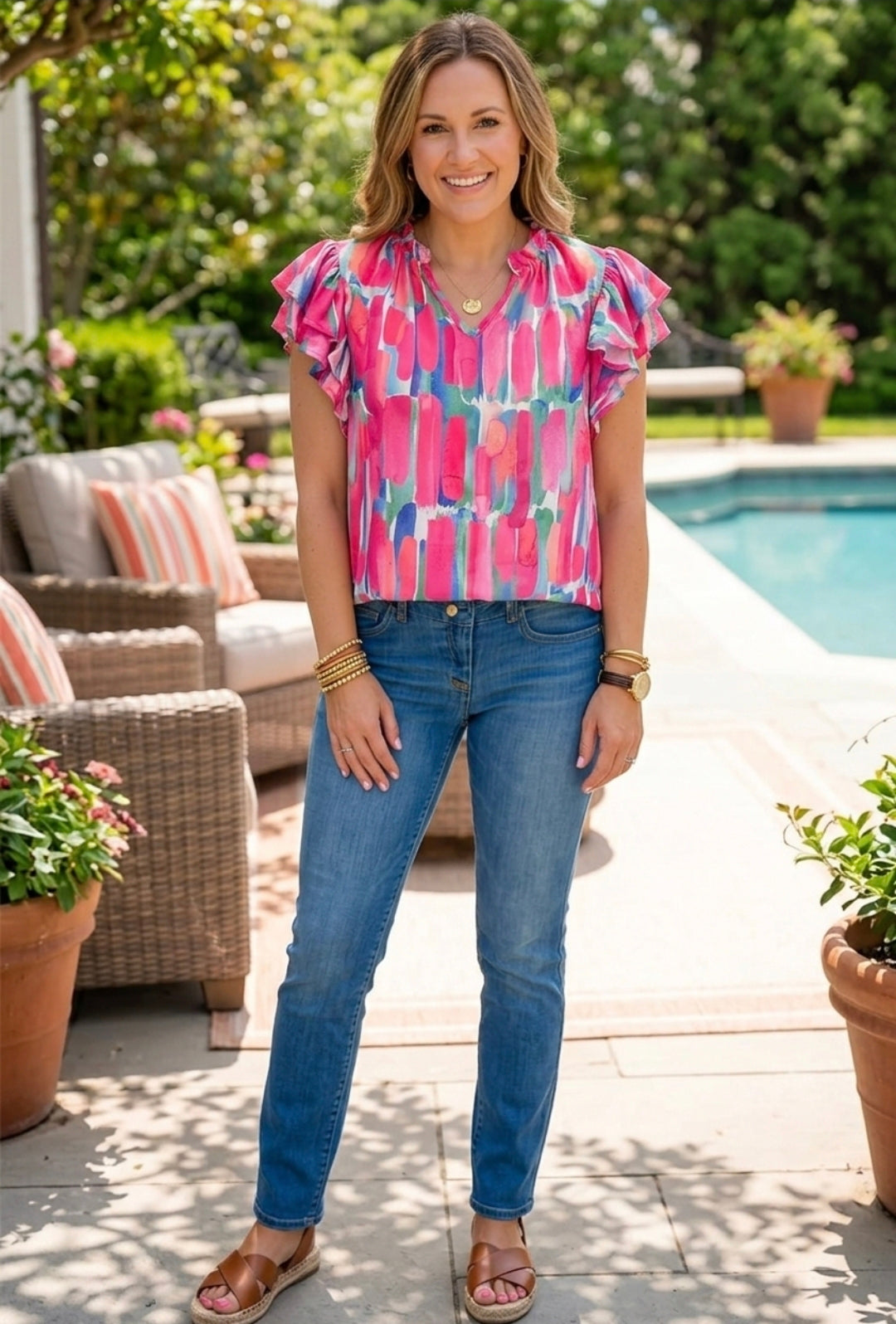 Ruffled Printed Notched Cap Sleeve Blouse