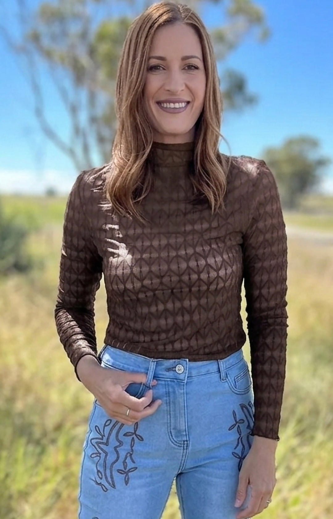 Sheer Textured Lace Stand Neck Long Sleeve Top