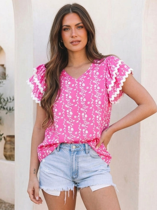 Floral Print Ruffle Sleeve Blouse