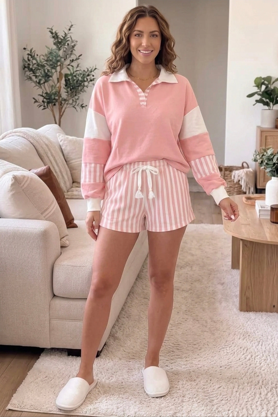 Color Block Polo Shirt and Drawstring Striped Shorts Set