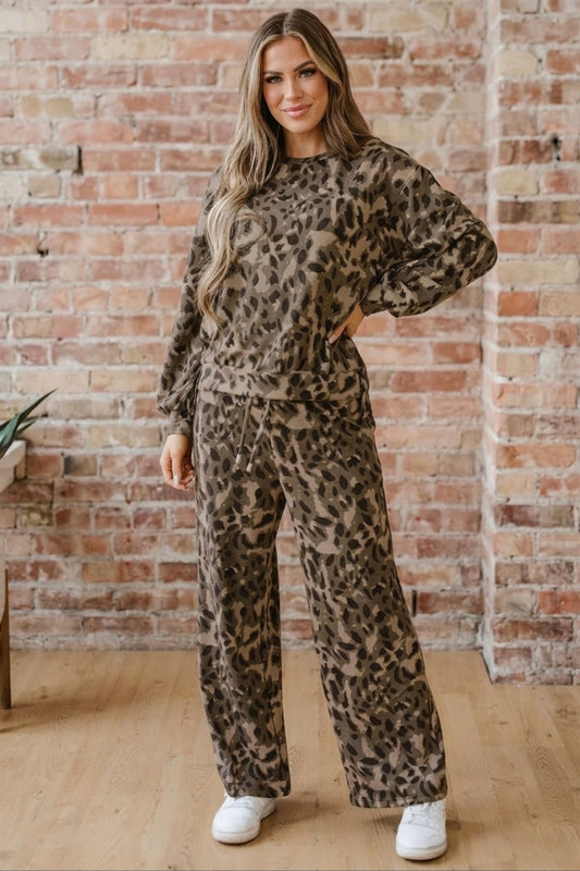Leopard Print Long Sleeve Top and Pants Set