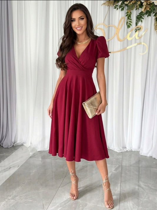 Surplice Puff Sleeve Midi Dress