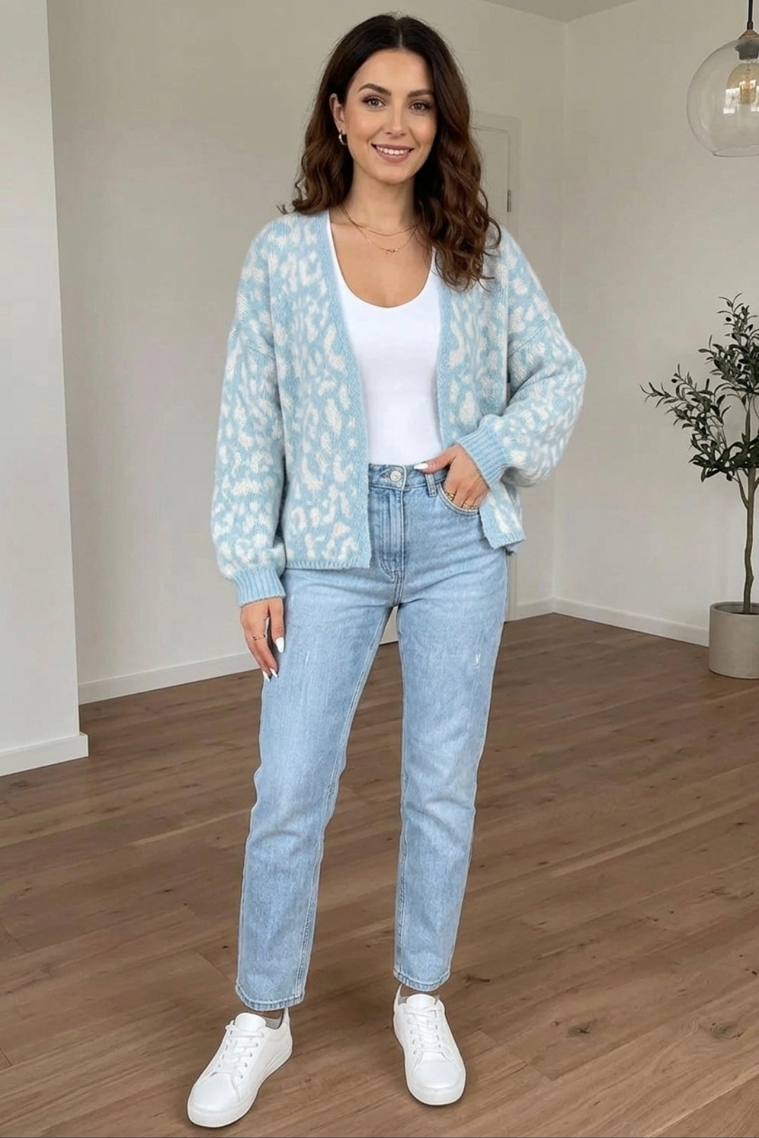 Leopard Print V Neck Long Sleeve Loose Fit Knit Cardigan