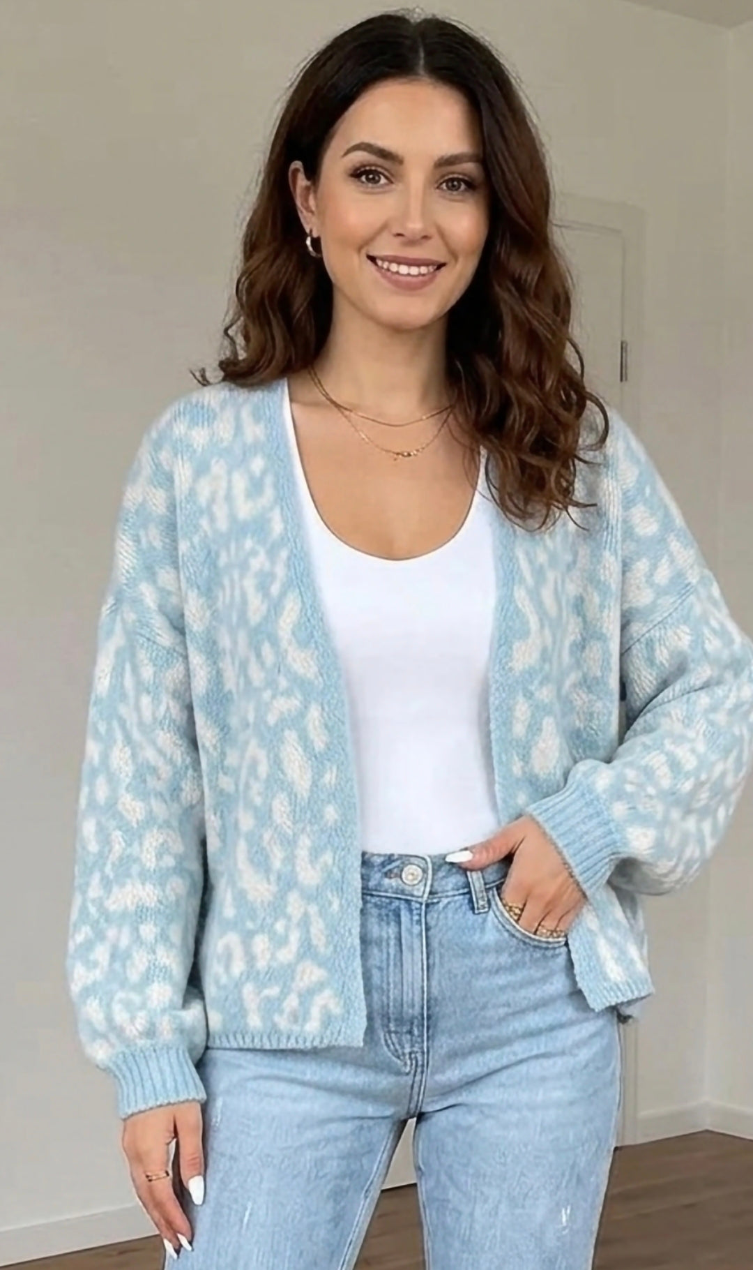 Leopard Print V Neck Long Sleeve Loose Fit Knit Cardigan