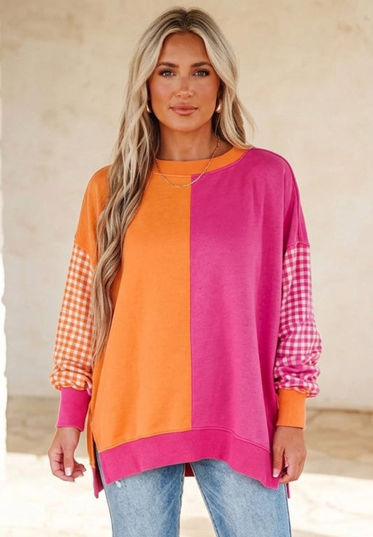 Colorblock Gingham Sleeve Crewneck Sweatshirt