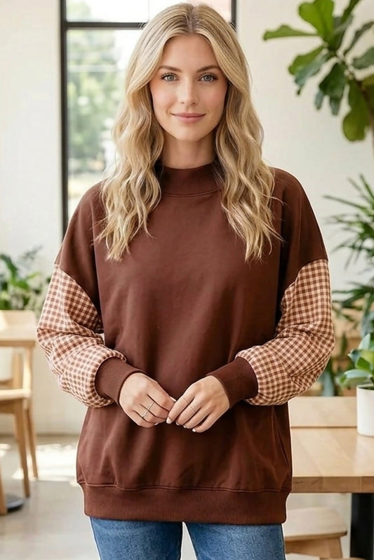 Plaid Sleeve Colorblock Loose Tunic Sweatshirt