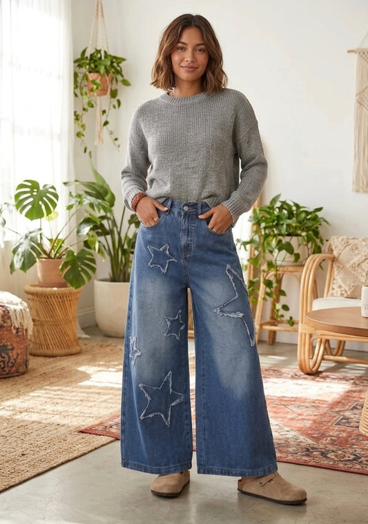 Star Decorated Wide Leg Jeans