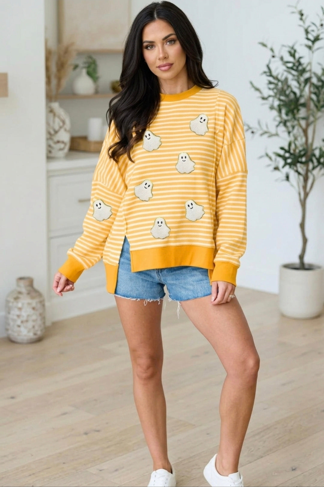 Stripe Halloween Ghost Patch Round Neck Long Sleeve Top