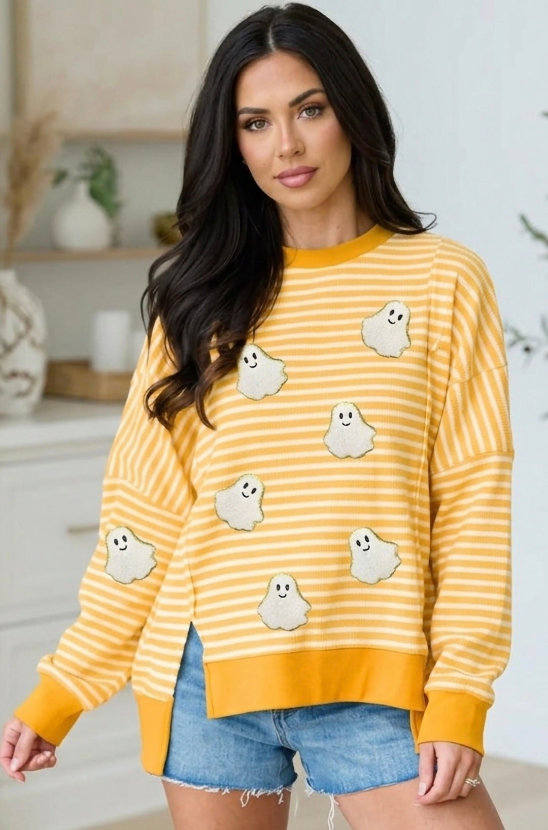 Stripe Halloween Ghost Patch Round Neck Long Sleeve Top