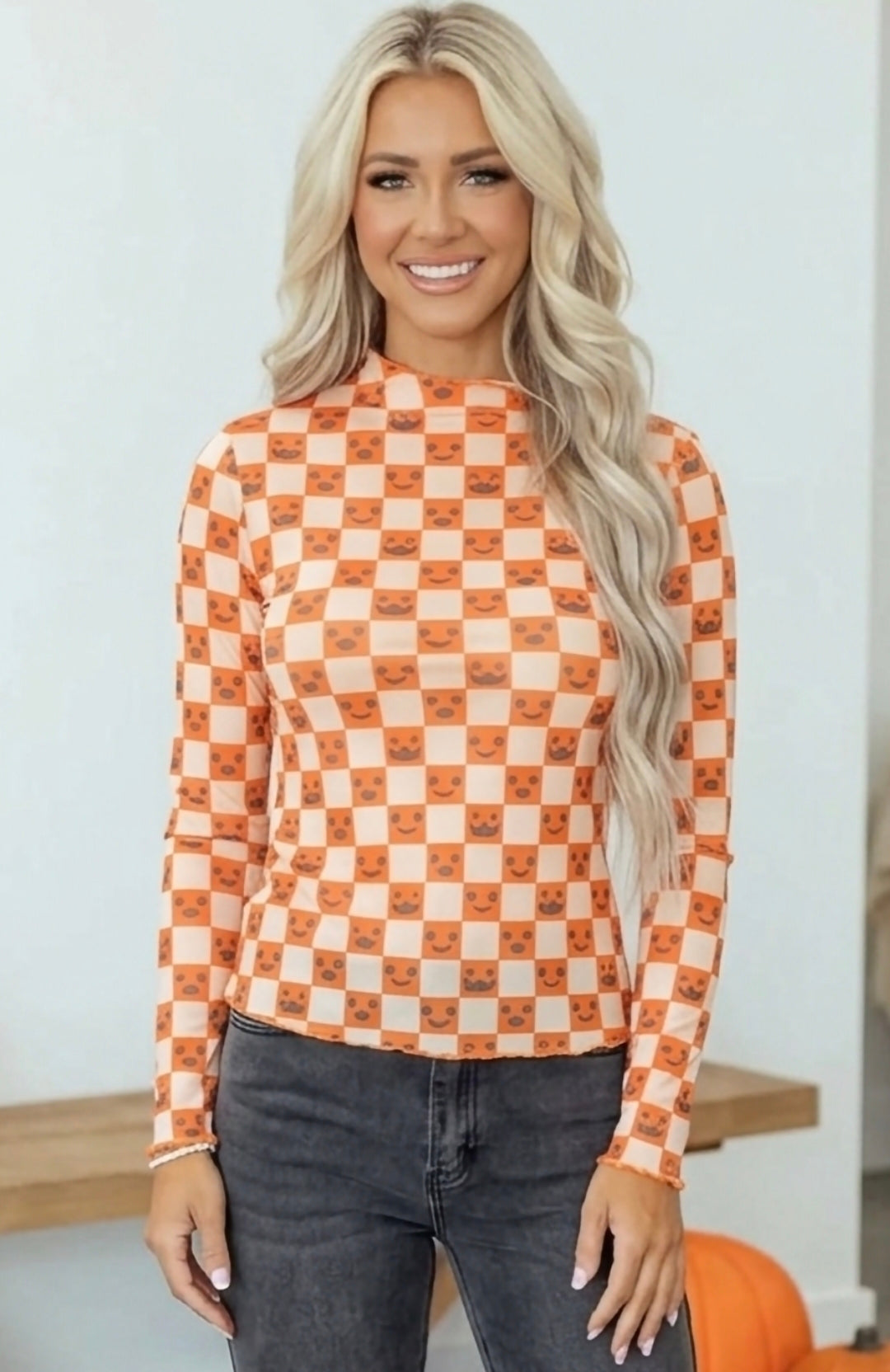 Abstract Halloween Pattern Long Sleeve Mock Neck Blouse