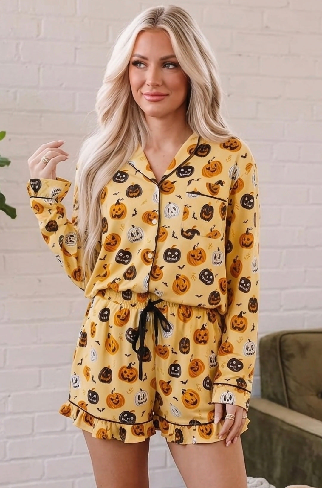 Halloween Pumpkin Print Long Sleeve Two Piece Lounge Set