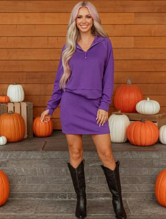 Half Zip Long Sleeve Top and Mini Skirt 2pcs Outfit