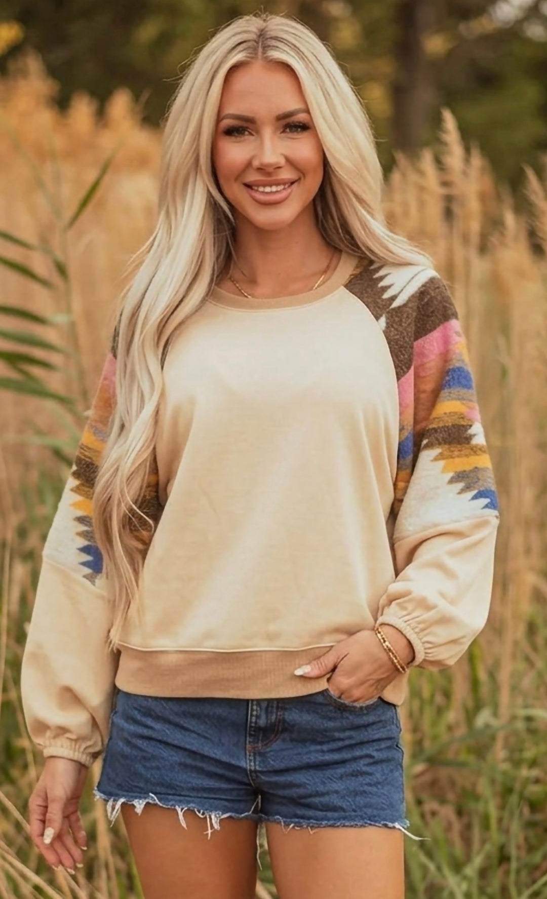 Aztec Bubble Sleeve Patchwork Western Sweatshirt