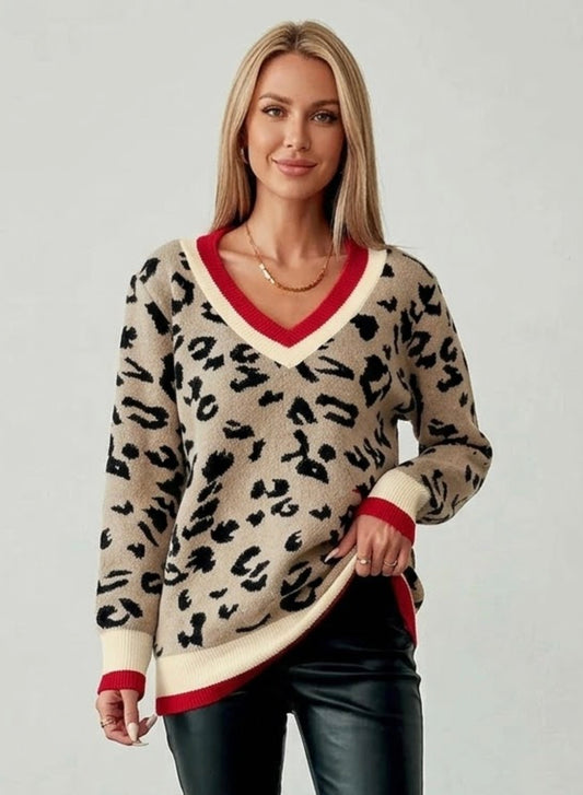 Leopard Pattern V-Neck Contrast Rib Knitted Sweater
