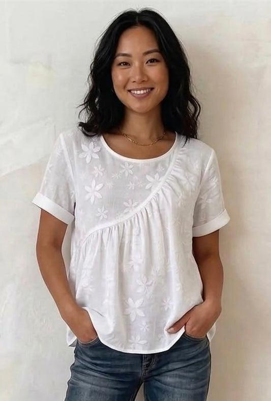 Full Size Floral Embroidered Round Neck Short Sleeve Top Plus Size