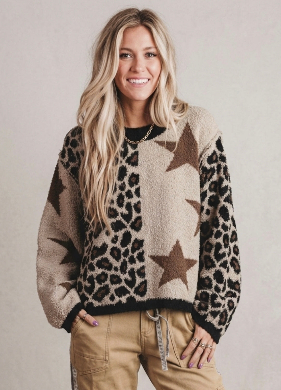 Leopard Star Pattern Round Neck Long Sleeve Shift Sweater