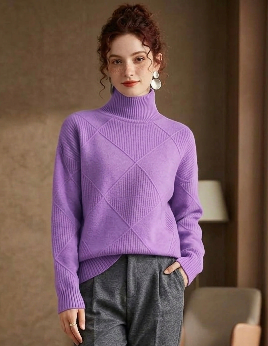 Argyle Pattern Turtleneck Sweater