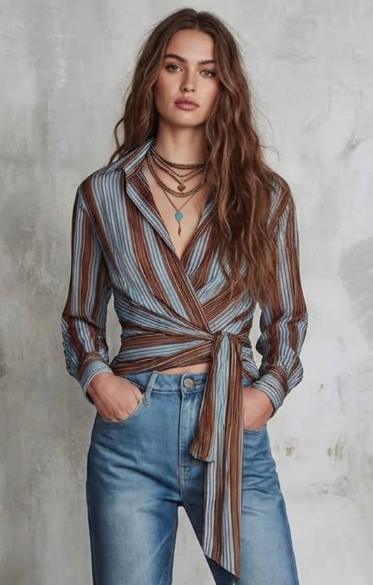 Striped Wrap Shirt with Tie-Front Detail