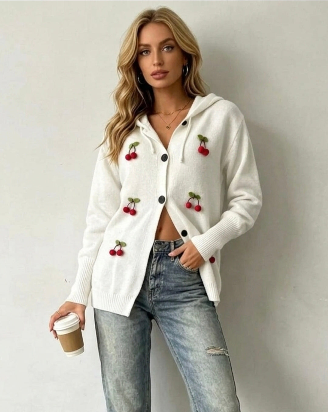 Full Size 3D Cherry Applique Hooded Cardigan Plus Size