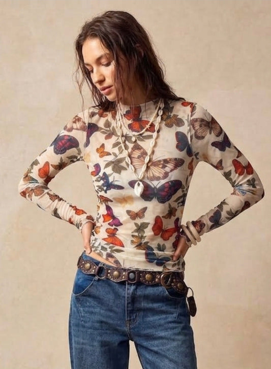 Butterfly Print Long Sleeve T-Shirt