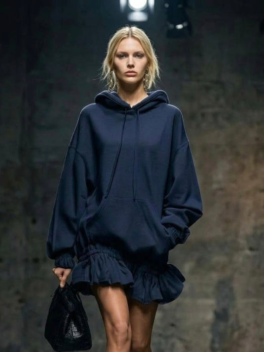 Casual Chic Hoodie Sweatshirt Mini Dress with Ruffled Hem
