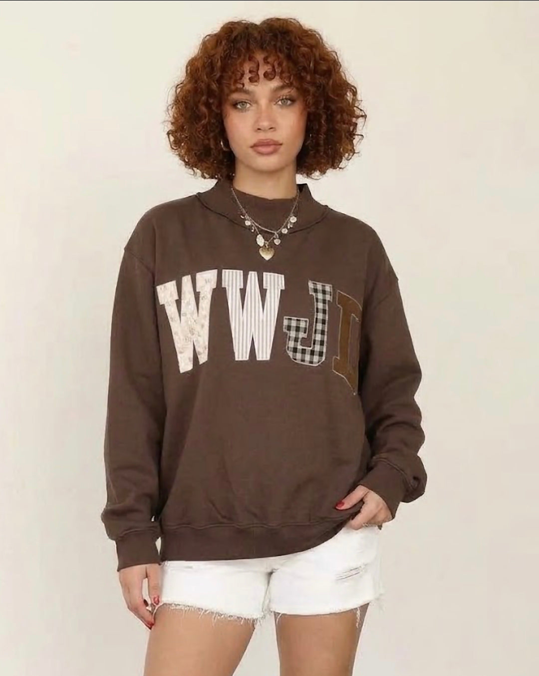 WWJD Mixed Pattern Embroidered Patch Graphic Mock Neck Sweatshirt