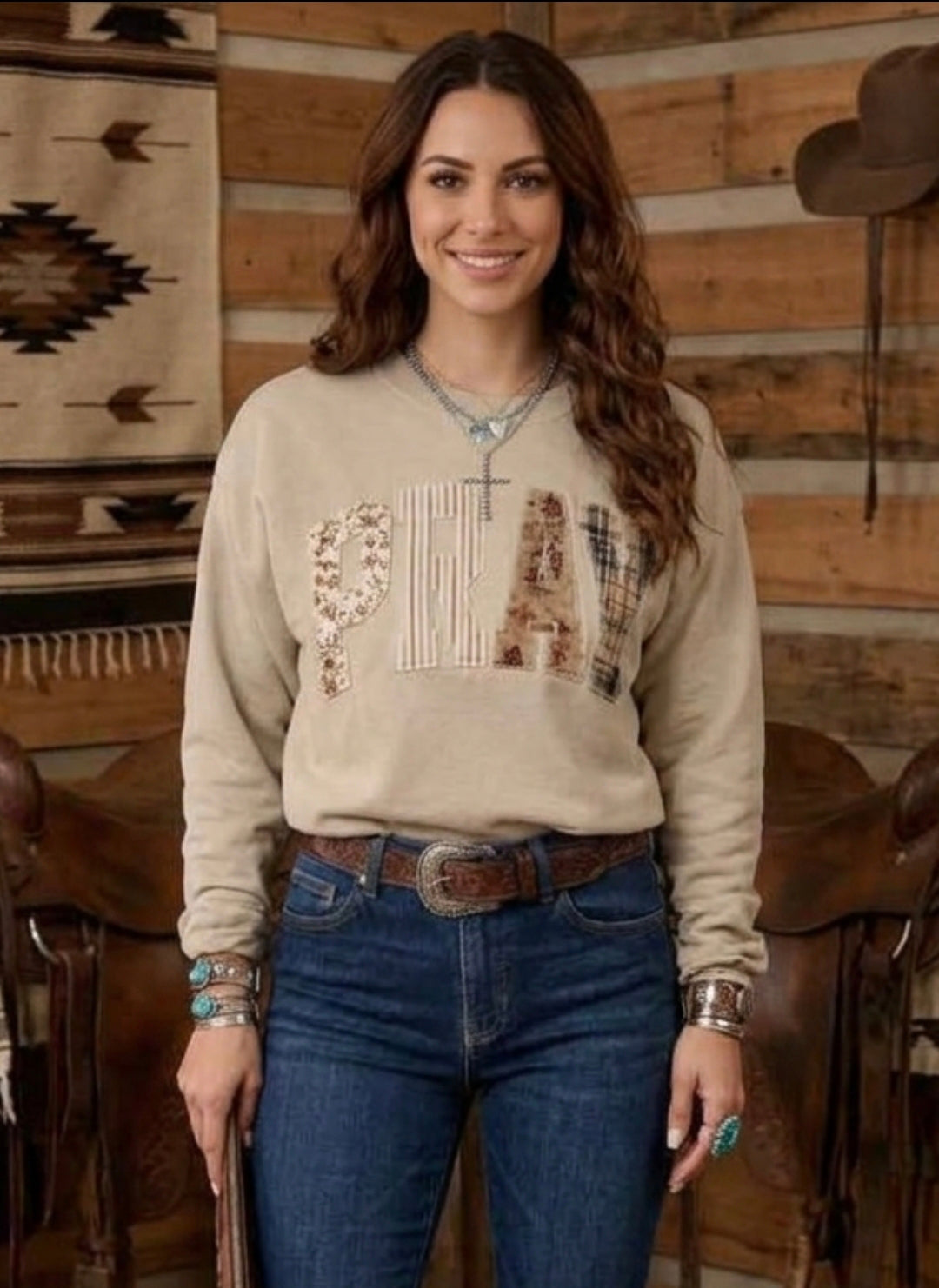 Floral Buffalo Plaid Striped Embroidered Patch Western Sweatshirt