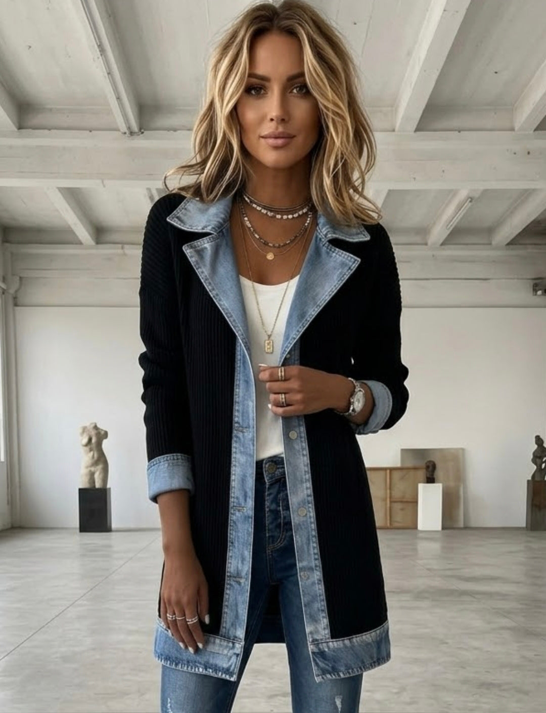 Full Size Denim Trim Ribbed Knit Cardigan Plus Size