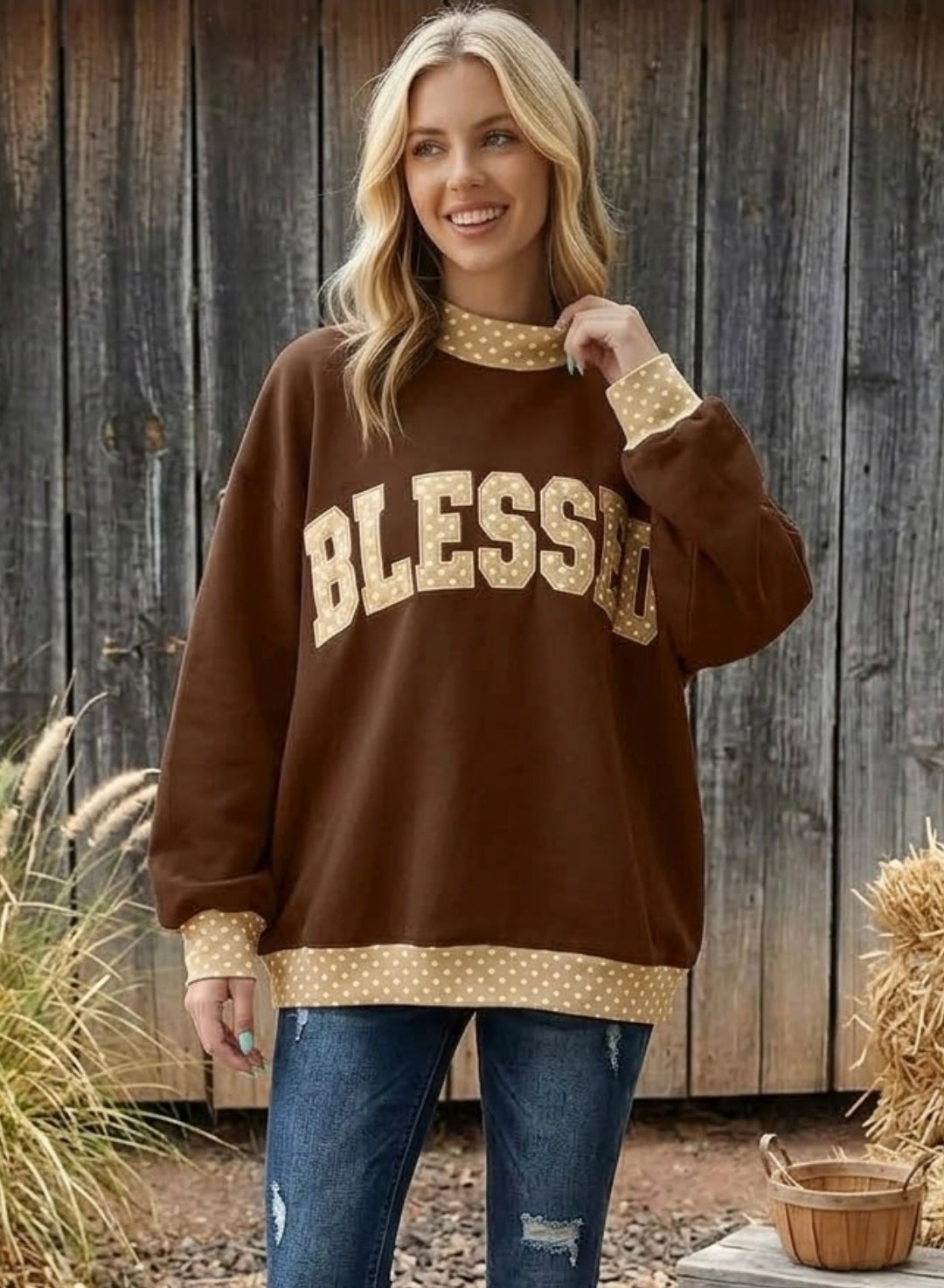 Polka Dot Trim High Neck BLESSED Letter Graphic Baggy Sweatshirt