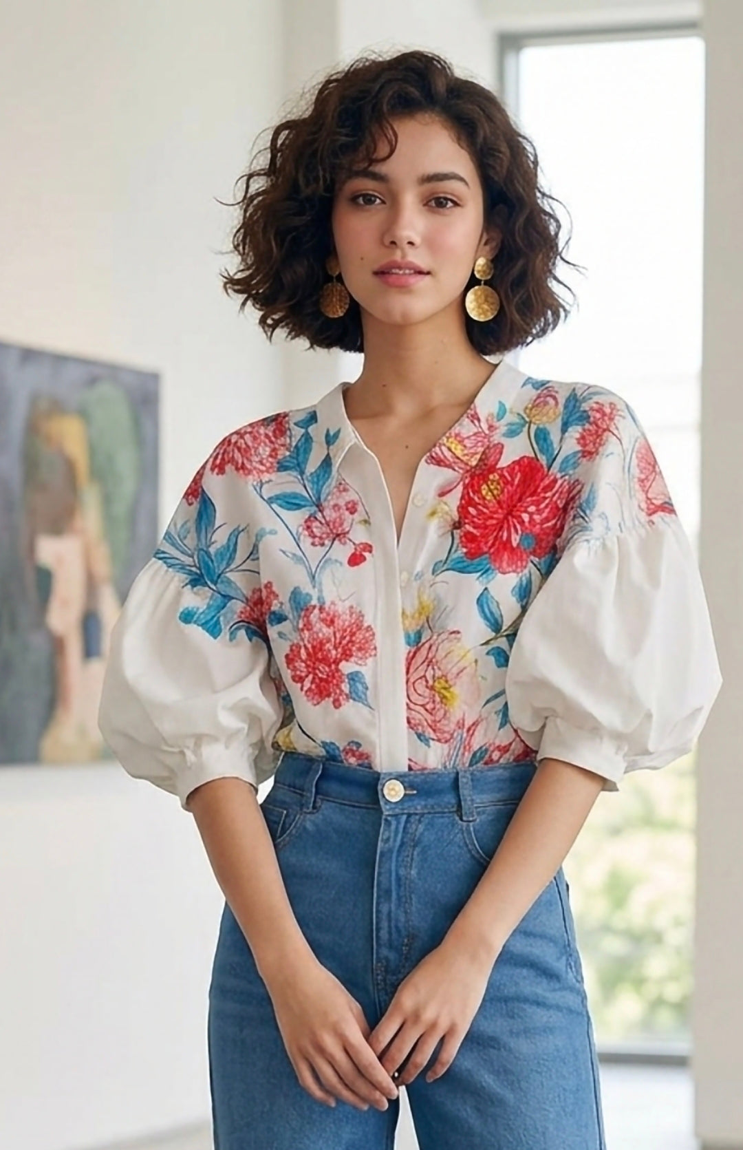 Floral Print V-Neck Shirt with Voluminous Puff Sleeves