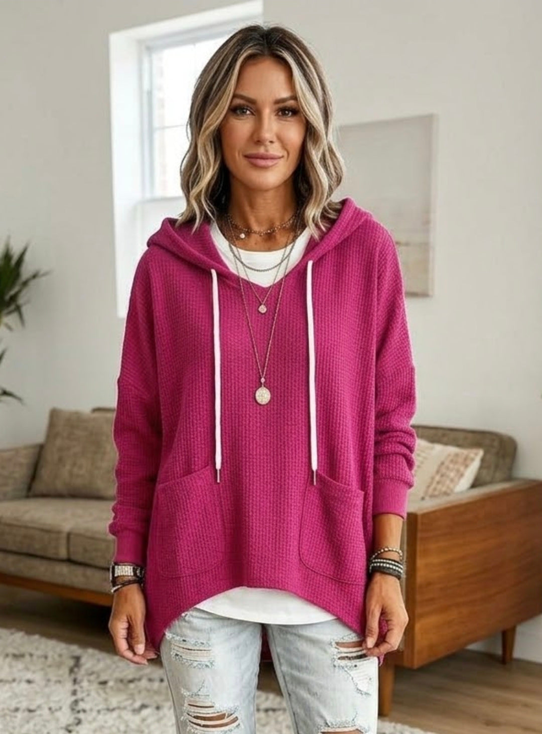 Full Size Waffle Knit Hoodie with Pockets Plus Size