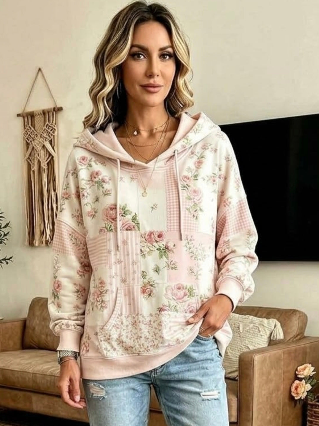 Full Size Drawstring Floral Dropped Shoulder Hoodie Plus Size