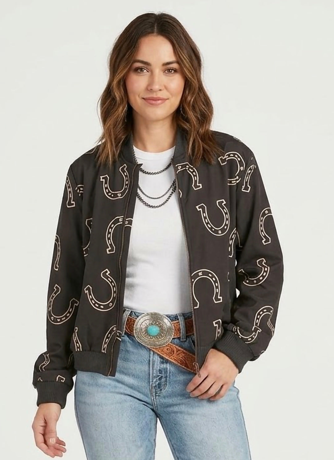 Horseshoe Print Zip-Up Bomber Jacket