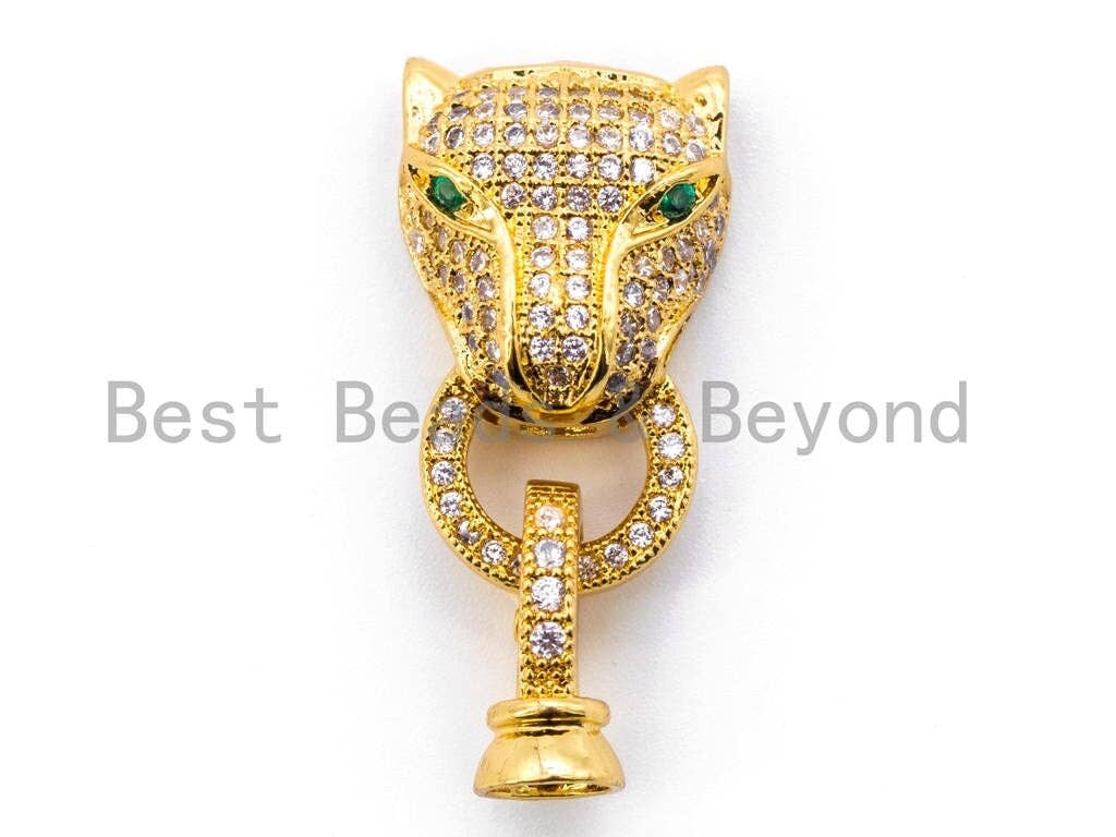CZ Micro Pave 18K Gold Panther Leopard Head Buckle Interlocking Clasp, Green Eye Leopard Head Clasp for Jewelry Making, 30x13x7mm, sku#K54
