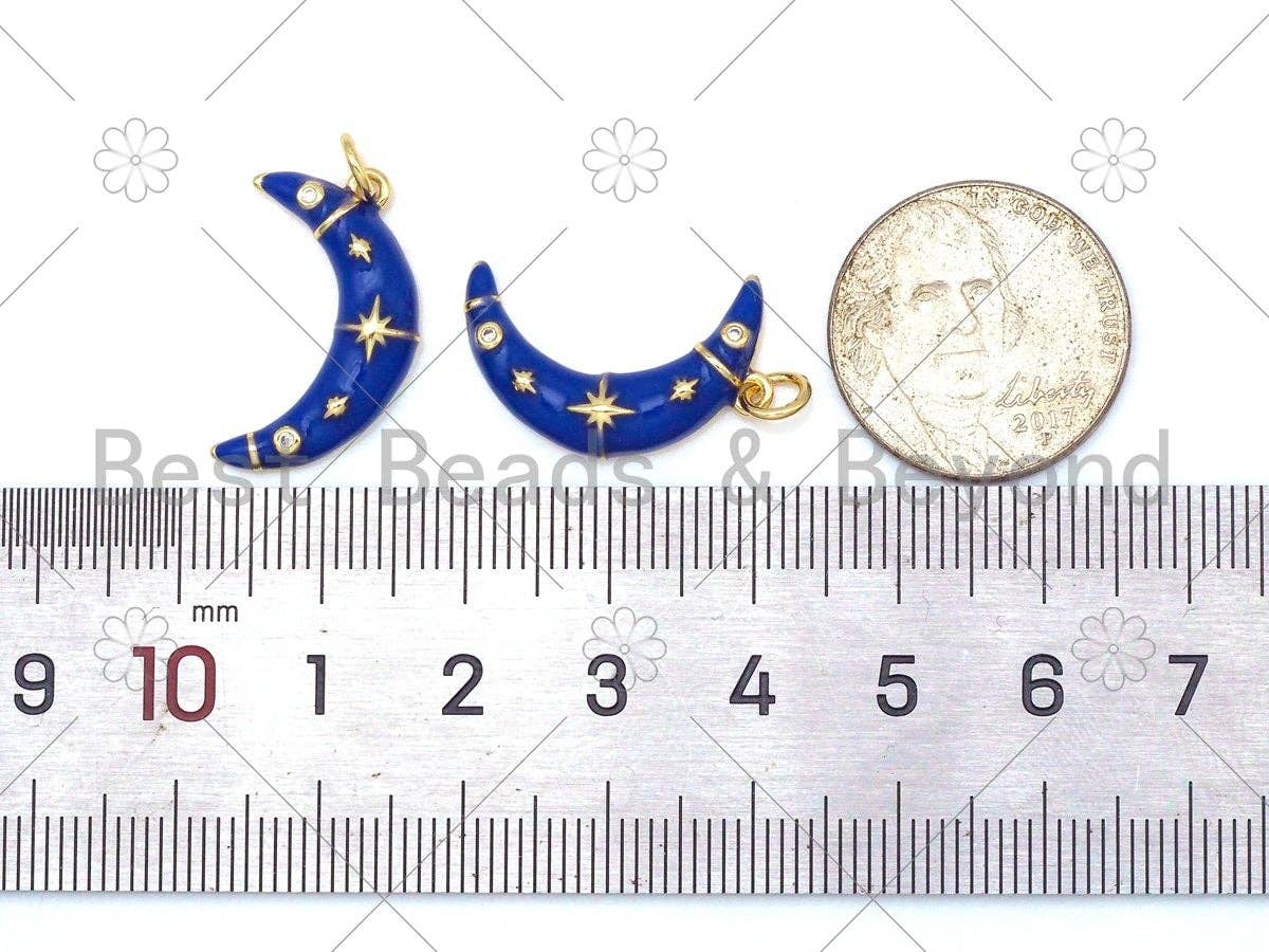 Gold Star Cobalt Blue Enamel Cresent Moon Pendant,CZ Micro Pave 18K Gold Filled Moon Charm,Enamel Jewelry,21x13mm,Sku#Y482