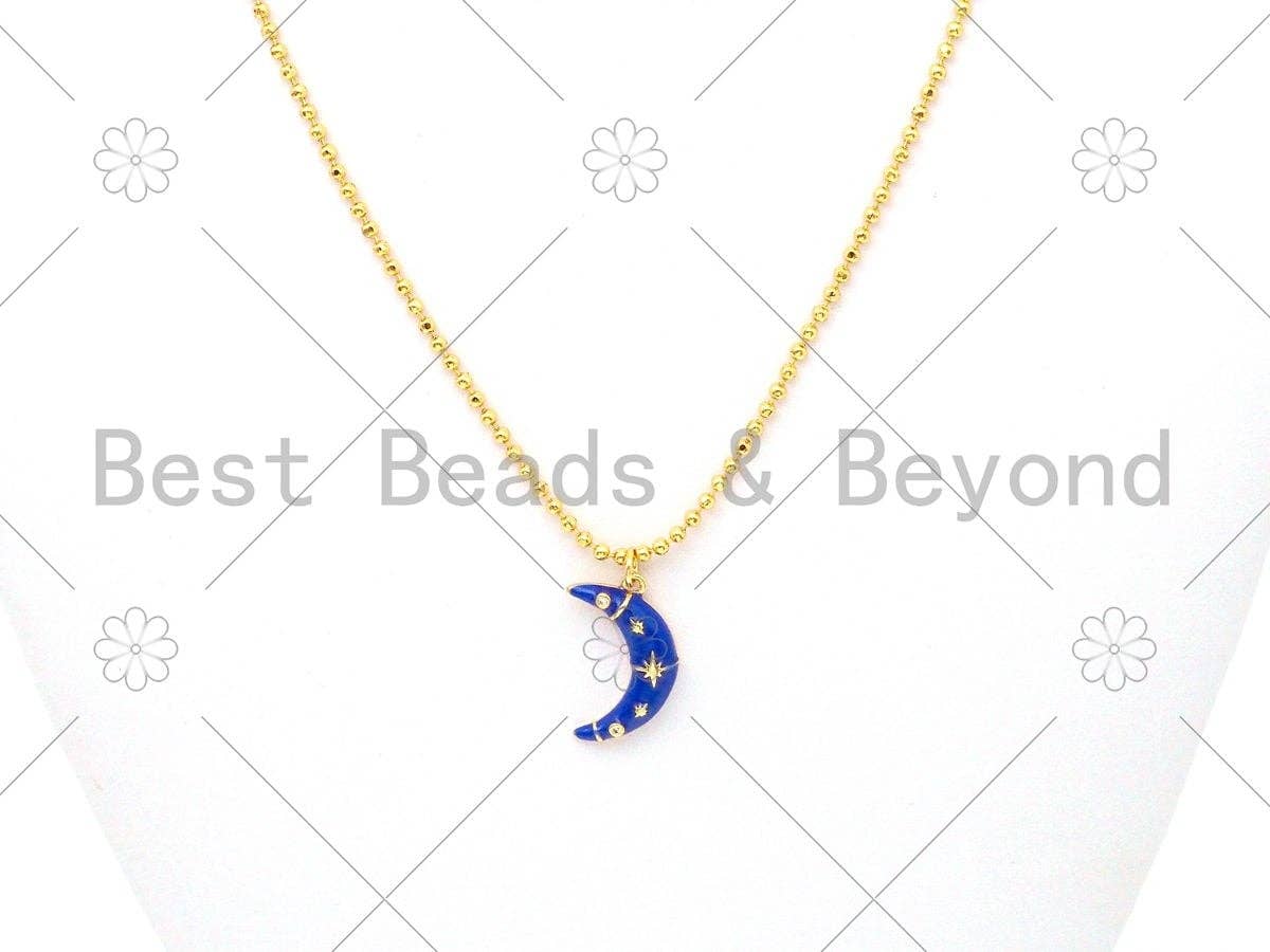 Gold Star Cobalt Blue Enamel Cresent Moon Pendant,CZ Micro Pave 18K Gold Filled Moon Charm,Enamel Jewelry,21x13mm,Sku#Y482