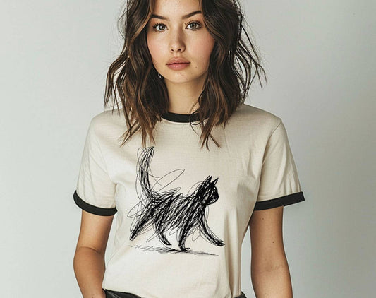 Cat Abstract Drawing Ringer T-Shirt, Retro Contrast Trim Tee