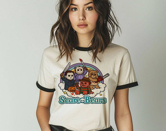 Scare Bears Horror Movie Halloween Ringer T-Shirt, Retro Contrast Trim Tee