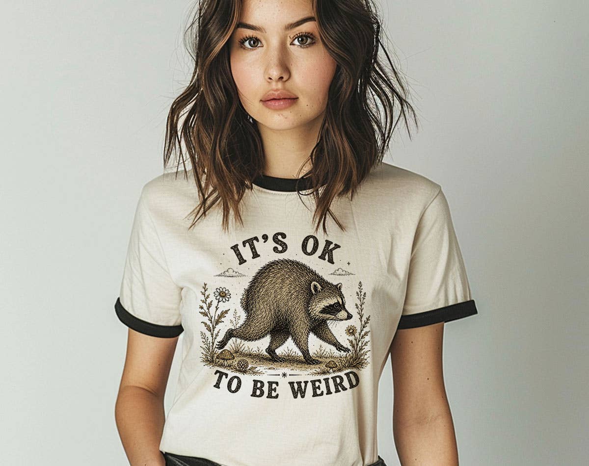 It's Okay To Be Weird Jimothy Raccoon Ringer T-Shirt, Retro Contrast Trim Tee