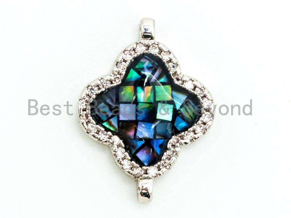 CZ Micro Pave Clover Connector with Abalone Shell, Cubic Zirconia Space Connector, CZ Abalone Stone Charm 14x18mm, 1pc,SKU#Z28