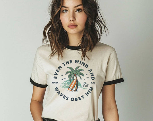 Even The Wind & Waves Obey Him Ringer T-Shirt, Retro Contrast Trim Tee