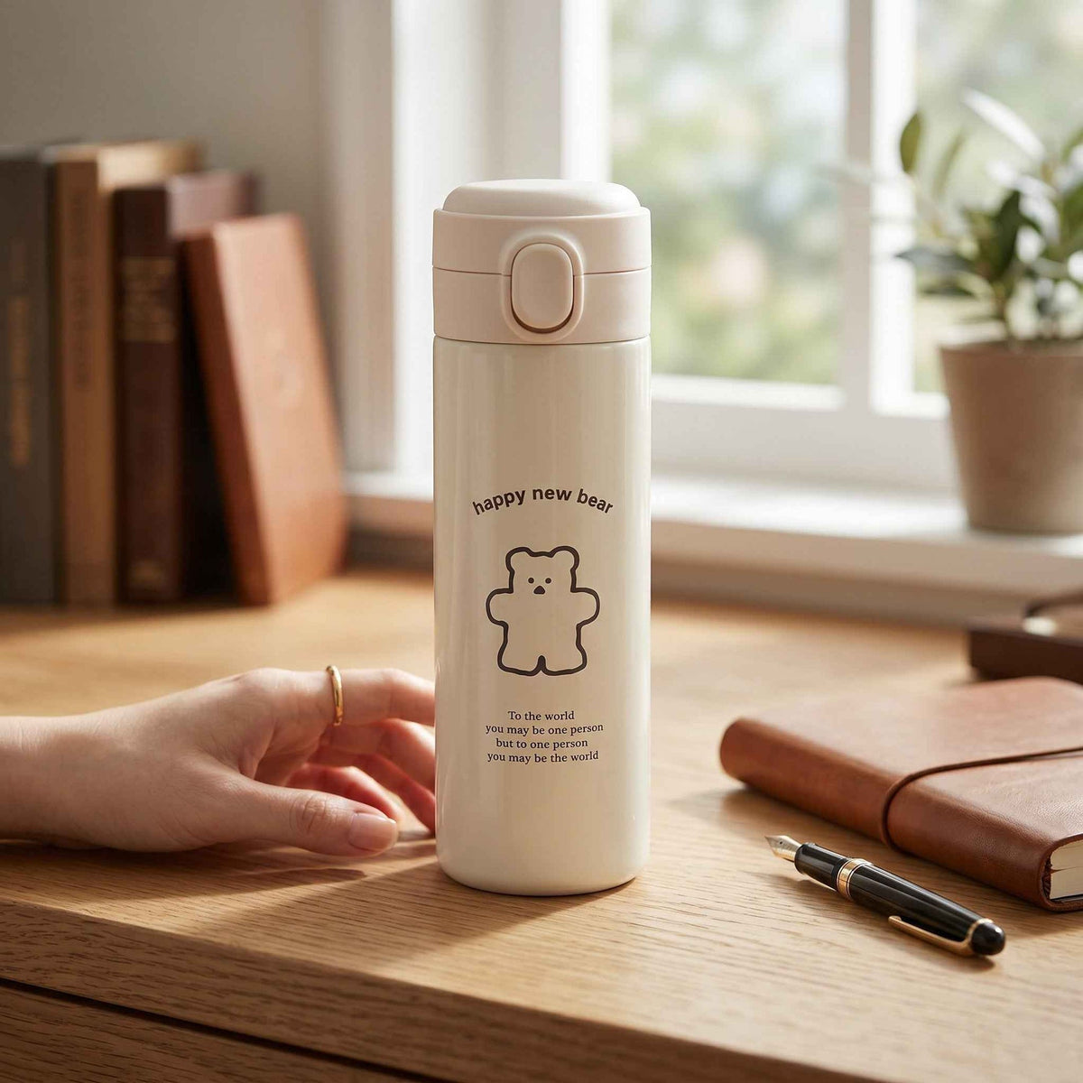Cute Bear Water Bottle Double Wall Steel Flip Top Hydration Flask