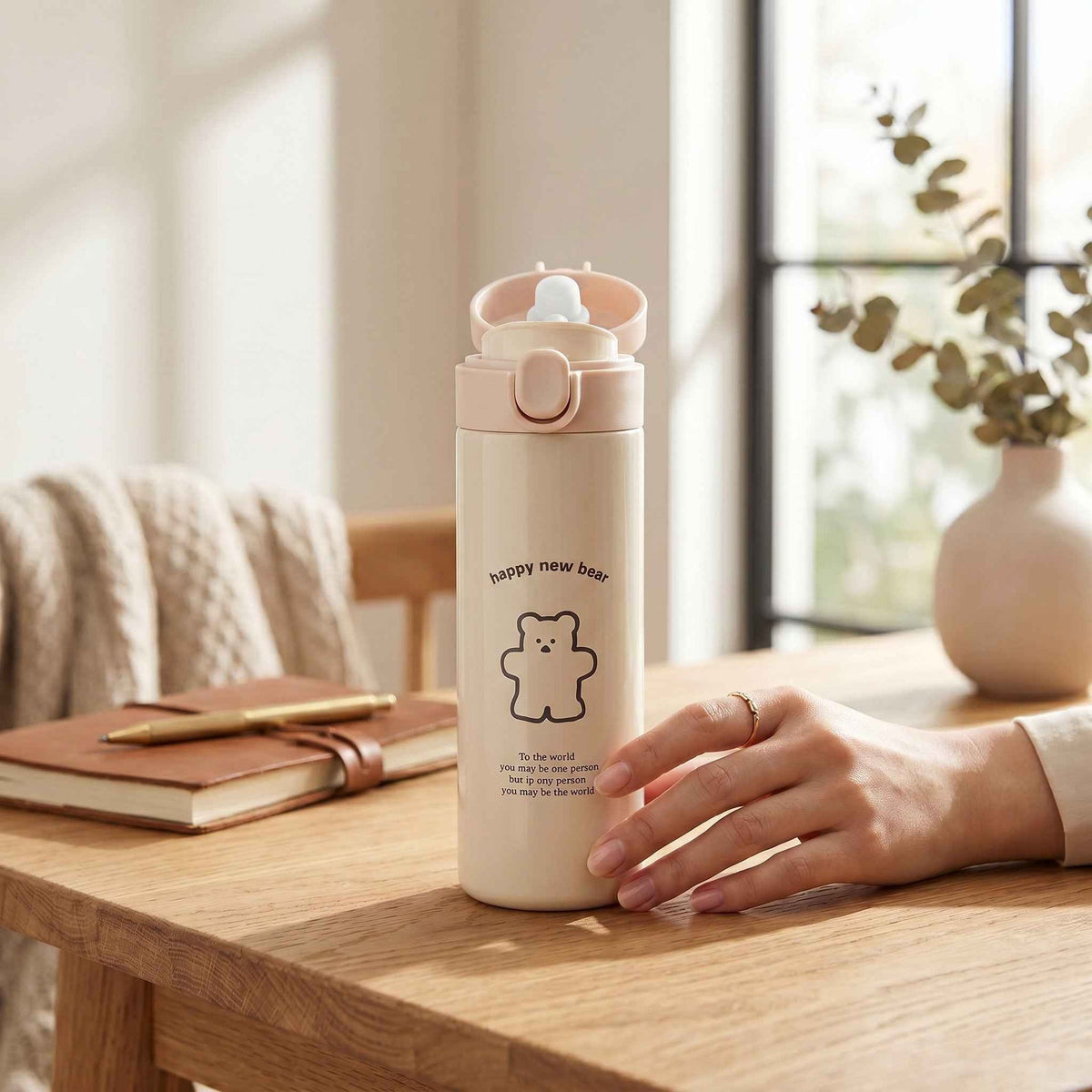 Cute Bear Water Bottle Double Wall Steel Flip Top Hydration Flask