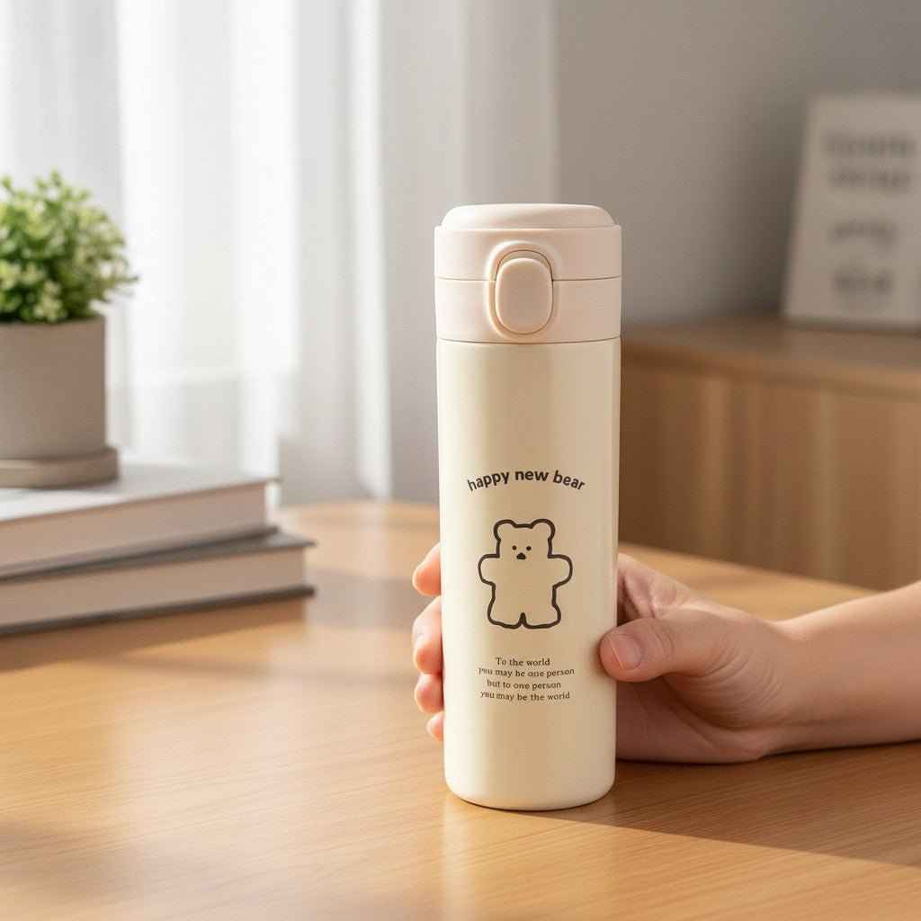 Cute Bear Water Bottle Double Wall Steel Flip Top Hydration Flask