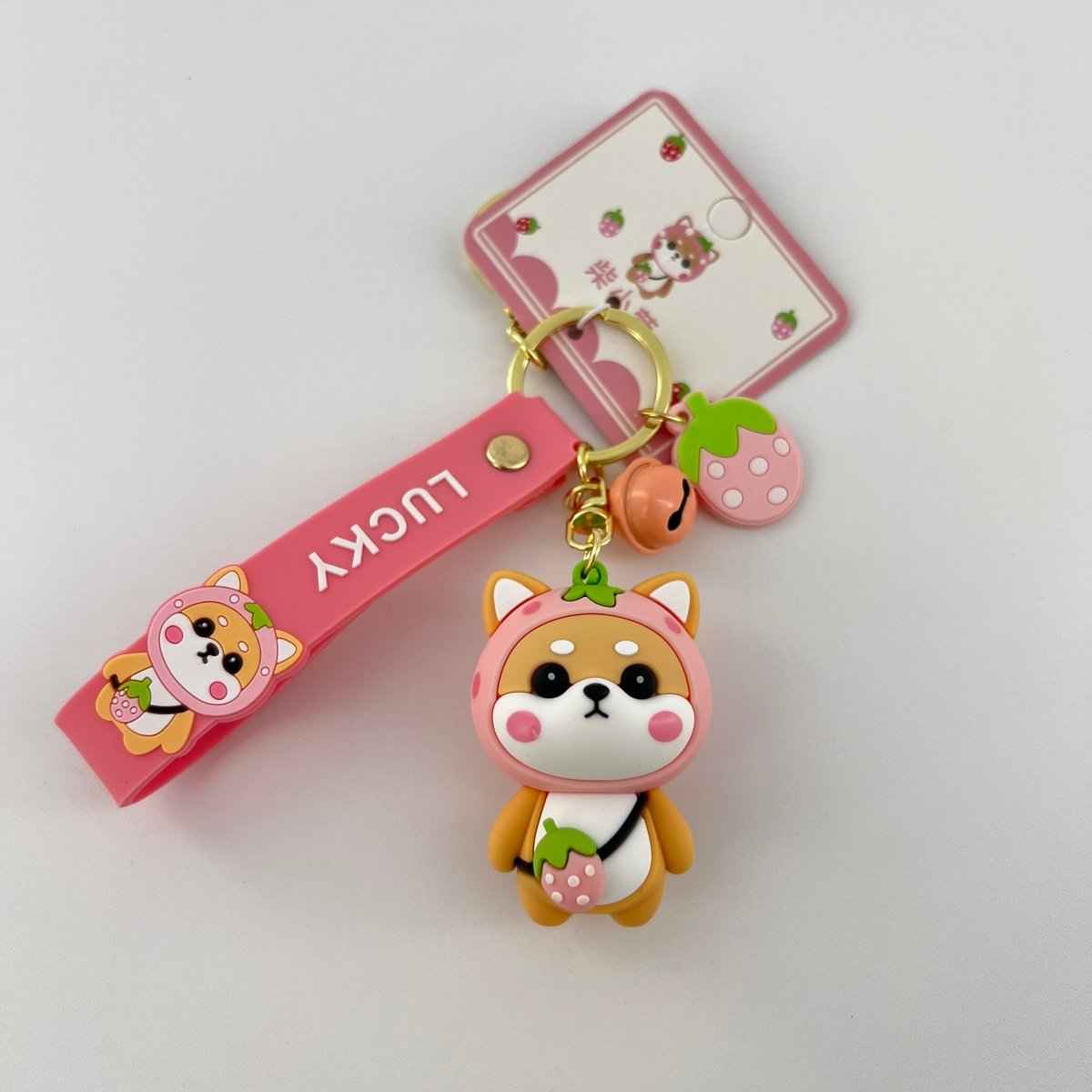 Shiba Inu Strawberry Keyring, Zinc Alloy Fastener, Sweet Feminine Bag Charm, Everyday Kawaii Fashion Accessory Gift