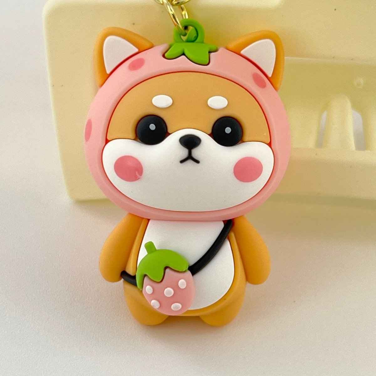 Shiba Inu Strawberry Keyring, Zinc Alloy Fastener, Sweet Feminine Bag Charm, Everyday Kawaii Fashion Accessory Gift