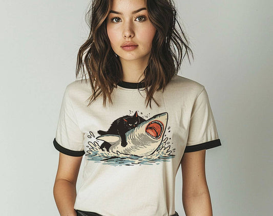 Cat Riding Shark Ringer T-Shirt, Retro Contrast Trim Tee
