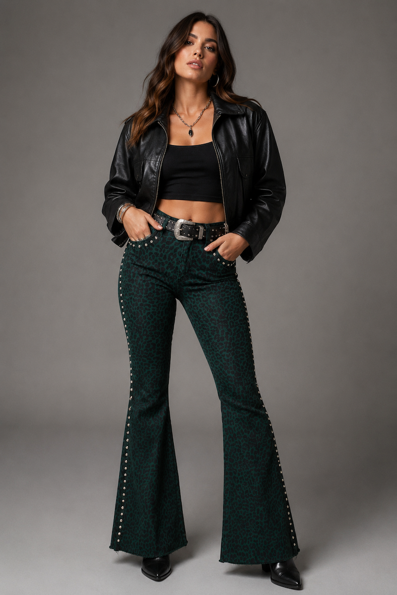 Studded Bell Bottom Jean in Leopard Green