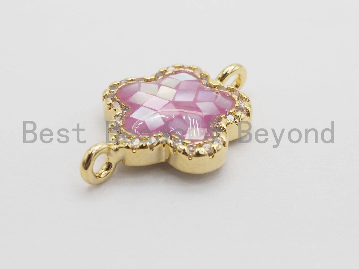 CZ Micro Pave Clover Connector with Natural Pink Abalone Shell, Cubic Zirconia Space Connector, CZ Abalone Stone Charm 13x18mm, SKU#Z249